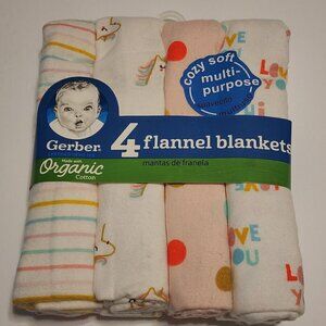 Gerber Organic 4 Flannel Blankets bundle 4-pack  30 x 30 Unicorn Love you Dots